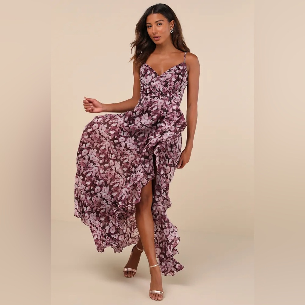 Lulus Illustrious Aura Plum Purple Floral Ruffled Surplice Maxi Dress